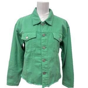 Y2K Green Denim Jacket Frayed Hem Button Front Retro Jean Style Size L
